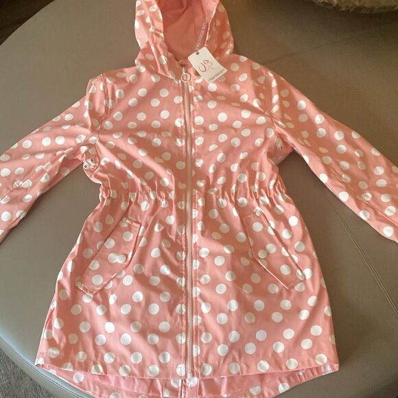 NWT Urban Republic Girls Matte Vinyl Raincoat with Hood. Pink with White Dots. - Picture 1 of 11